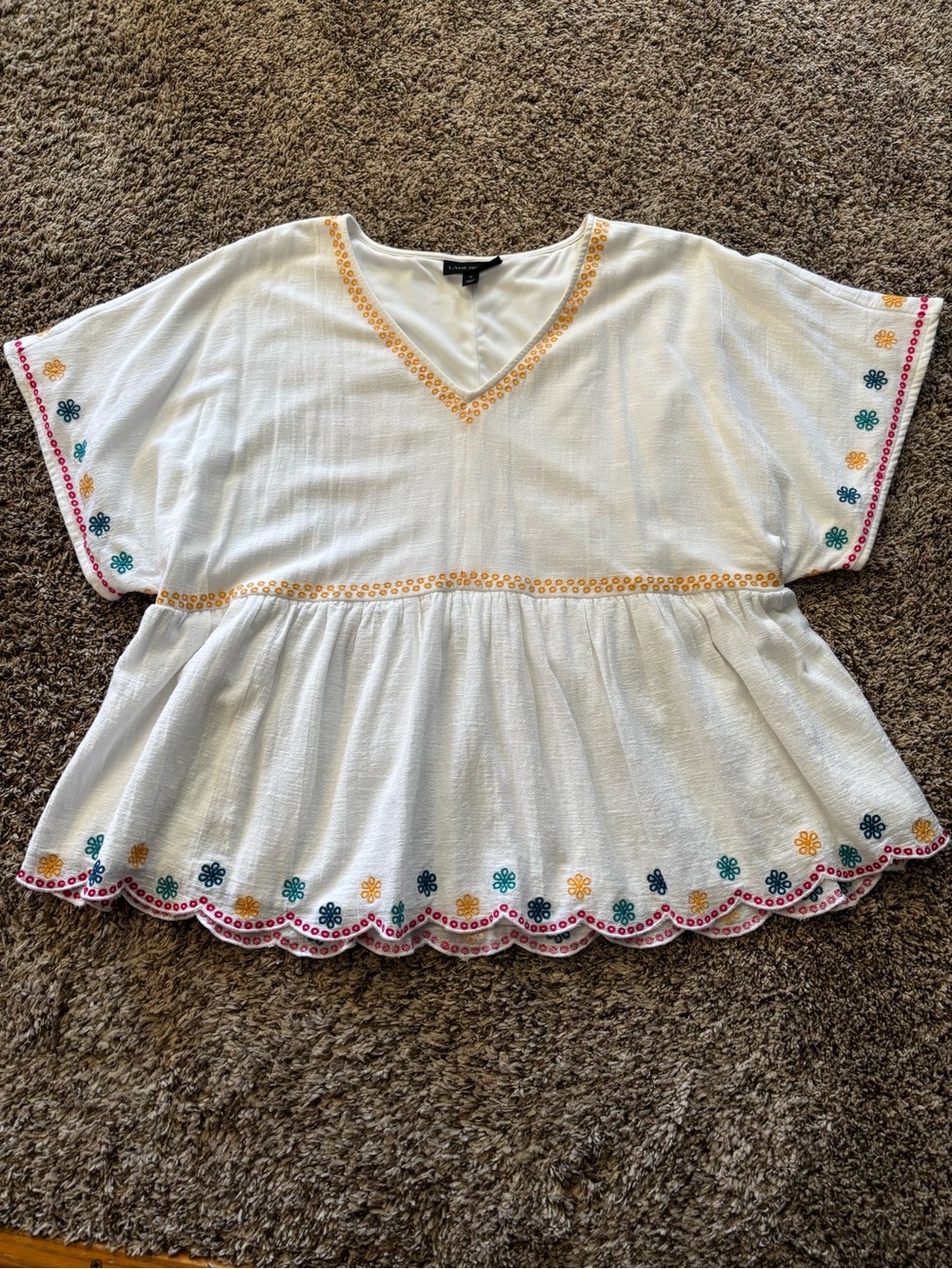Lane Bryant White Embroidered Peplum Top with Multicolor Floral Trim Size18